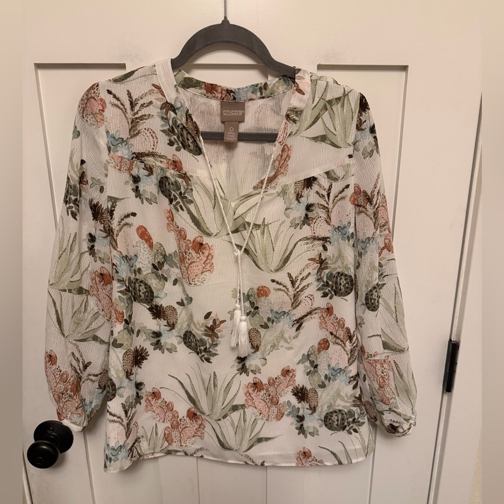 Chicos Blouse Southwest Cactus Long Sleeve Button Bubble pullover Size 0 Small